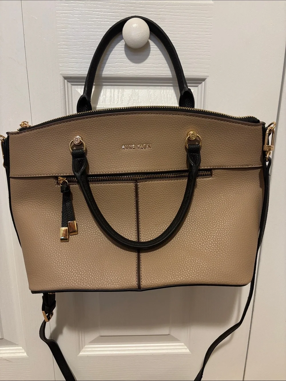 Anne Klein Beige Pebbled Satchel with Black Trim